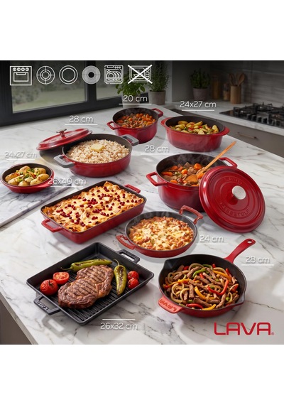 Lava Döküm Tencere Tava Çeyiz Seti 8'li Çeyizin Ustası Kırmızı