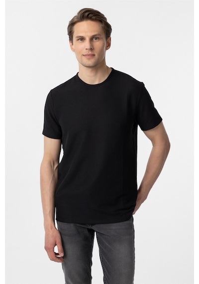 Süvari Siyah Slim Fit Armürlü Bisiklet Yaka Tişört-37380 Siyah