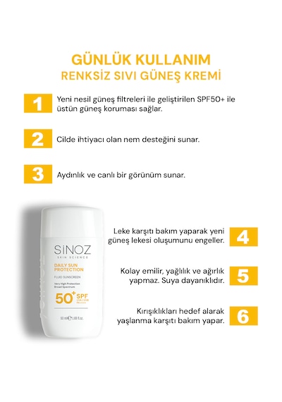 Sinoz Günlük Kullanım için Yüz Güneş Kremi SPF50+ 50 ML