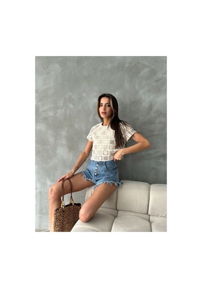Verymoda Kısa Kollu Dama Desen Tiğişi Bluz D2619 Ham Taş