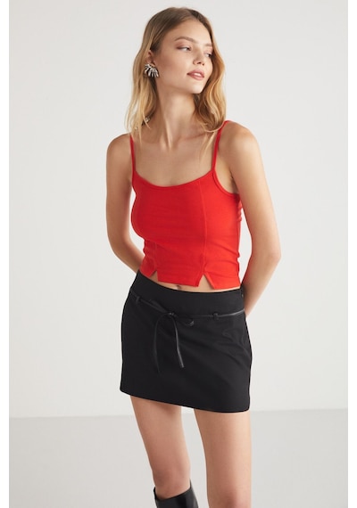 Ethıquet Mıkela Kadın Viskon Askılı Yırtmaçlı Vücüdu Saran Crop Kırmızı Body