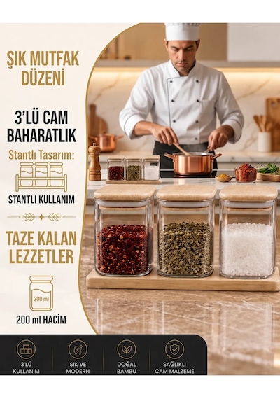 3'lü 200 Ml Bambu Kapaklı Borosilikat Cam Baharatlık Bambu Altlıklı