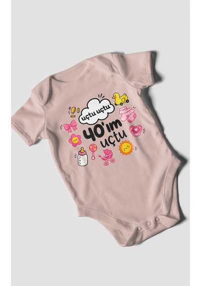 Morivokids Uçtu Uçtu 40'ım Uçtu Kısa Kollu Bebek Body %100 Pamuk Pastel Pembe