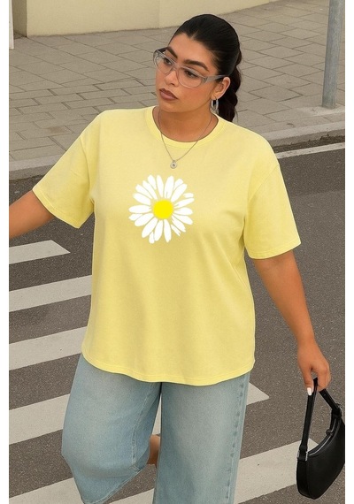 Büyük Beden Papatya Baskılı Unisex Tişört Sarı
