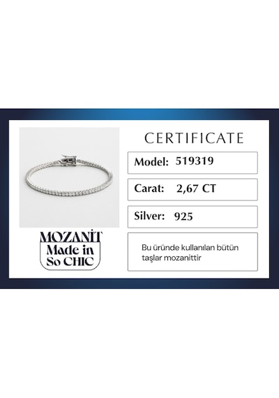 Mozanit Şıklığı 18 Ayar Beyaz Altın Kaplama 19 Cm Gümüş Su Yolu Bileklik Beyaz