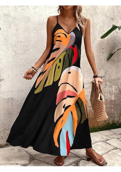 Efnaz Style Kadın Ip Askılı V Yakalı Desenli Süprem Maxi Elbise Siyah
