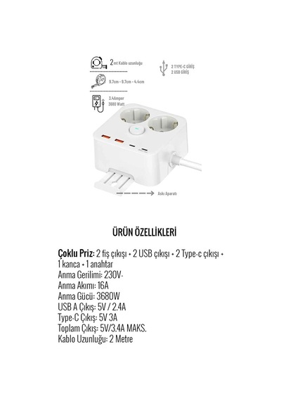 2'li Priz Yüksek Akım Korumalı 3680 Watt / 2xusb Girişi / 2xtype- Diğer