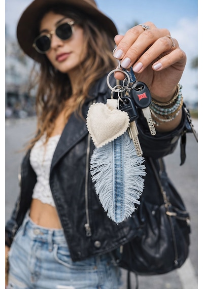 El İşçiliği Kalp Yaprak Detaylı Denim Çanta Charm Mavi - Bej