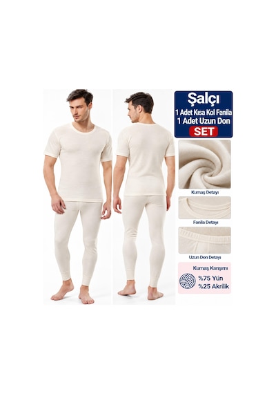 Şalcı Şalçı Safyün Erkek %75 Yün Uzun Don Ve Kısa Kol Fanila İçlik Set - 1 Set Ekru