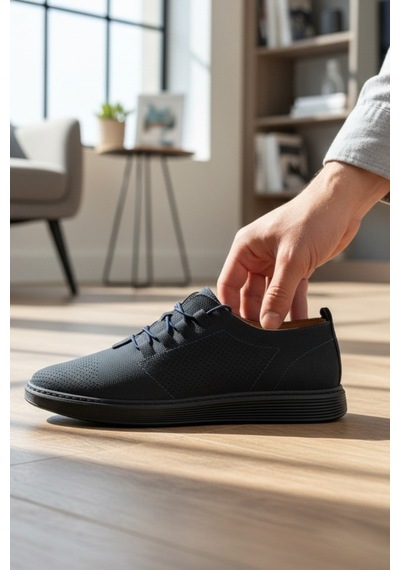 Enoch Hakiki Deri Lazer Kesim Delikli Bağcıklı Erkek Sneaker Ortopedik Taban Lacivert