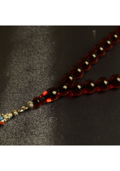 Burhan Sağlam Küre Kesim 11 x 11 MM Ateş Kehribar Alpaka Püsküllü Tesbih Kırmızı 13792562