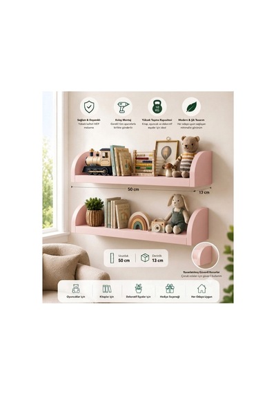 Duvar Rafı 50x13 Cm Mdf Çocuk Odası Kitap ,oyuncak Ve Dekor Rafı Pembe