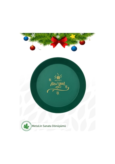 Yeşil Yılbaşı Sunum Tepsi 24 Cm, Servis Tepsisi, Kahve Tepsisi, Happy New Year Baskılı