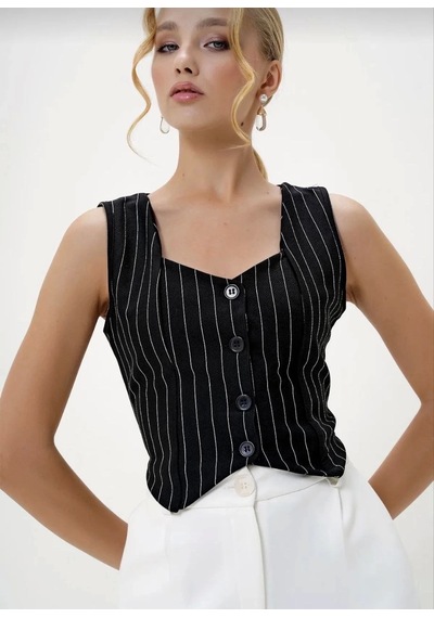 Defymoda Çizgili Krep Düğmeli Yelek Siyah S3395 Siyah
