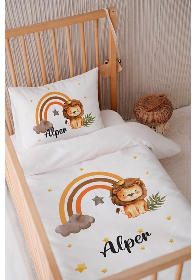 %100 Pamuk Saten Isme Özel Isimli 100x150 Bebek Yatak Nevresim Seti Aslan 3