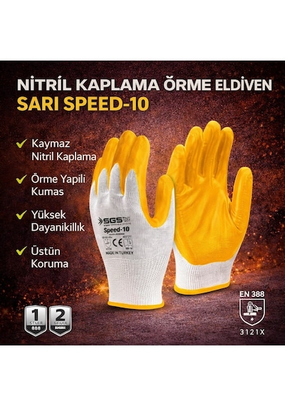 Sgs7710 Speed-10 Nitril Kaplama Örme Eldiven Sarı. Adet 3