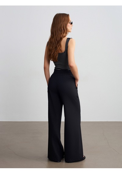 Dilvin 72259 Beli Lastikli Geniş Paça Pantolon-siyah Siyah