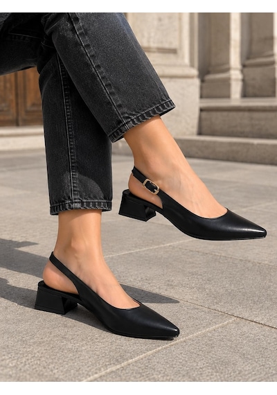 Asmi Shoes Kadın Solvi Siyah Cilt 3 Cm Kısa Topuklu Arkası Açık Ayakkabı