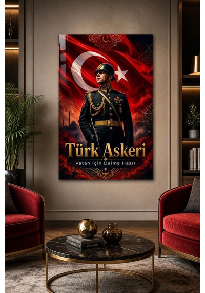 Türk Askeri Baskılı Cam Tablo Bayraklı Vatan Temalı Dekoratif Duvar Tablosu