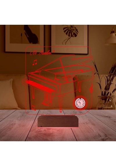 Luvivia Piyano Müzik Nota Piyanist Hediye Kişiye Özel Metal Saatli 3d Lamba - Masa Gece Lambası