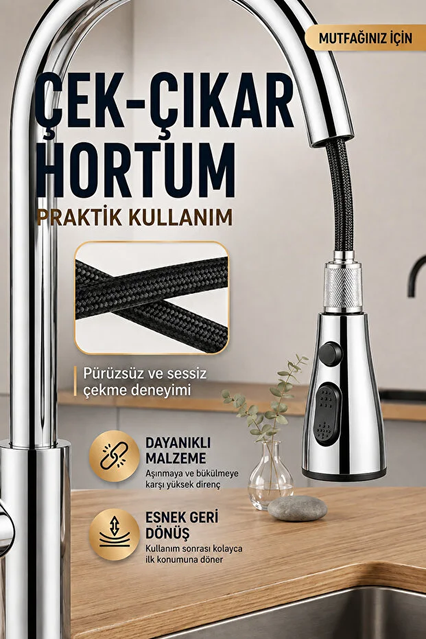 Mutfak Bataryası 3 Fonksiyonlu 360 Döner Uzatmalı Çekilebilir Başlıklı Evye Musluğu Krom
