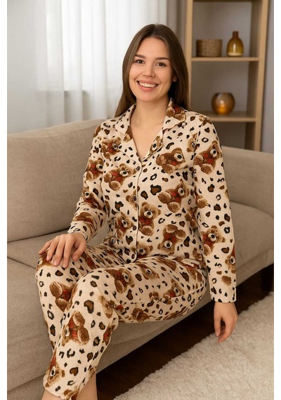 Tenra Kadın Pijama Takımı Boydan Düğmeli %100 Pamuk Ayıcık Desenli Kahverengi