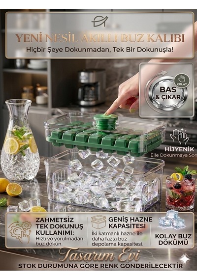 Yeni Nesil Basmalı Çift Buz Kalıbı Buzluk Kapaklı Saklama Kutulu 28 28 56 Bölmeli 10x20 Cm Yeşil