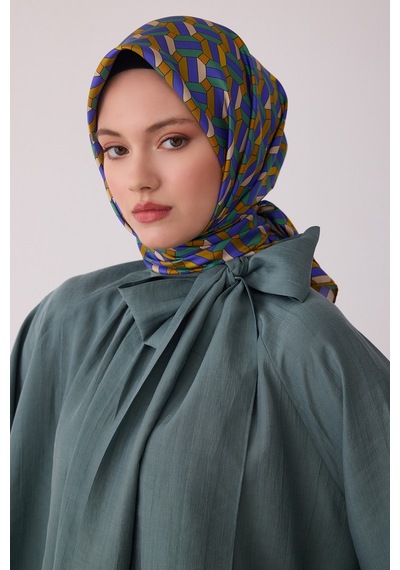 Belli Geometrik Desen %100 Twill İpek Eşarp Be07 Yağ Yeşili-mor