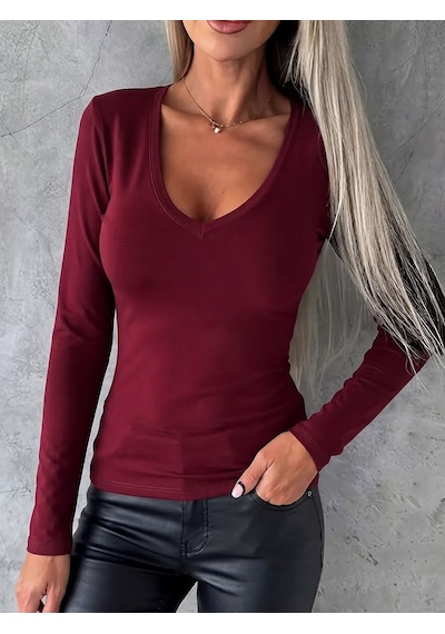 Butik İstanbul Kadın Uzun Kollu V Yakalı Viskon Bluz Bordo