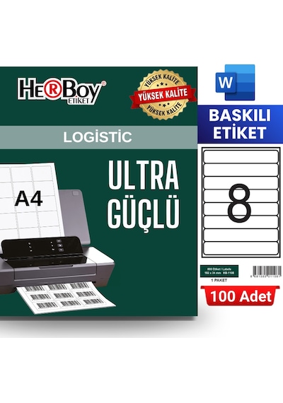 Herboy Hb-1108 192 X 34 Mm A4 Baskılı Laser Etiket 100 Adet