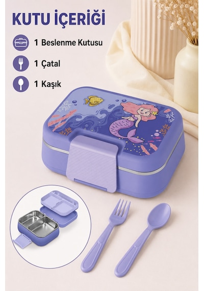 Happi Deniz Kızı Paslanmaz Çelik Bölmeli Beslenme Kutusu 1030 Ml Çatal Kaşık Dahil Mor