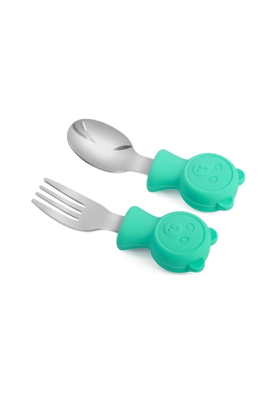 Valkyrie 304 Çelik Panda Bebek Kaşık Çatal Setisilikon Saplı Bpa İçermez Ergonomik Kaymaz Yeşil