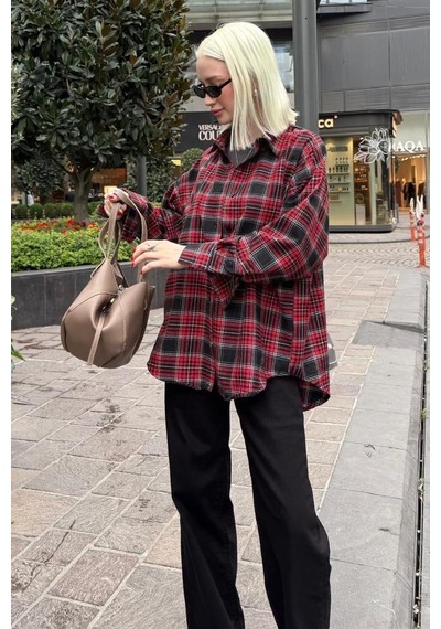 Seeh Kırmızı Oversize Ekose Desenli Kadın Gömlek Sh334 Ekoseli