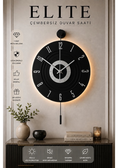 MetaQuartz Aksesuar Full Siyah - Gümüş Rakam - Kardelen 7-24 Kablosuz Pilli Led Modern Dekoratif Duvar Saati