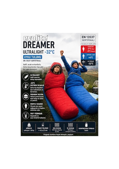 Dreamer Ultralight -32 C Kışlık Kamp Uyku Tulumu Seti - Kırmızı/mavi 2 Adet Kırmızı