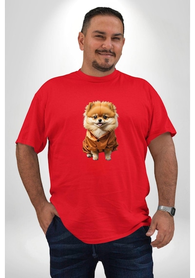 Angemiel Teacup Pomernian Çeket Kırmızı Büyük Beden Erkek Kadın Unisex Basic Ön Baskılı Tişört Kırmızı