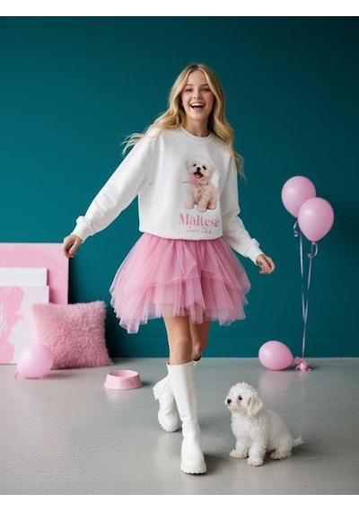 Kız Çocuk Pamuklu Köpek Baskılı Oversize Tasarım Sweatshirt-16472 Ekru