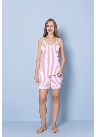 Pıove Kadın Çizgili Askılı Şortlu Pijama Takımı Dantel Detaylı Pembe Rahat Ev Giyim Seti PEMBE