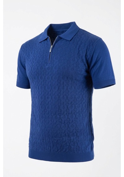 Onno Pamuklu Fermuarlı Desenli Triko Tshirt Mavi