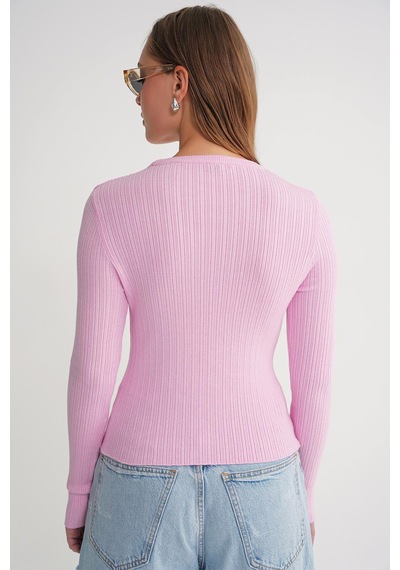 Mixray 6938 Kadın Bisiklet Yaka Fitilli Triko Body Pembe