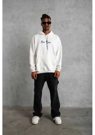 Efnaz Style Erkek Sırt Baskılı Oversize Üç İplik Kapüşonlu Sweatshirt - Beyaz