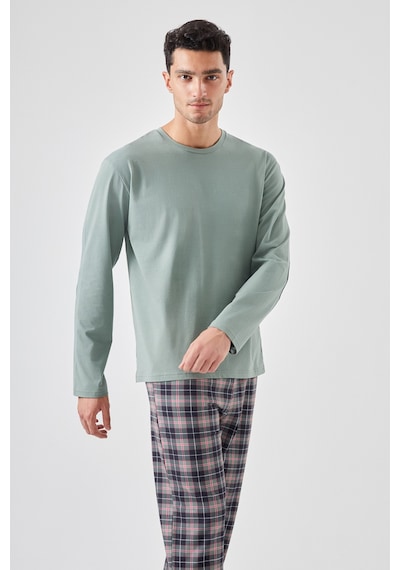 Erkek Pamuklu Uzun Kollu Yamalı Ekose Desenli Pijama Takımı Ko60104 Yeşil