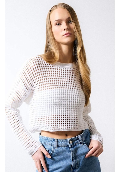 Defacto Regular Fit Bisiklet Yaka Kroşe Ajurlu Delikli Crop Triko Kazak T4513AZ24AUER103 Ekru