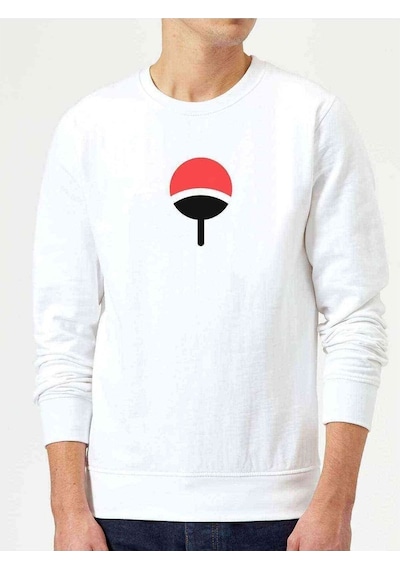 Uchiha Clan Baskılı Beyaz Erkek Örme Sweatshirt