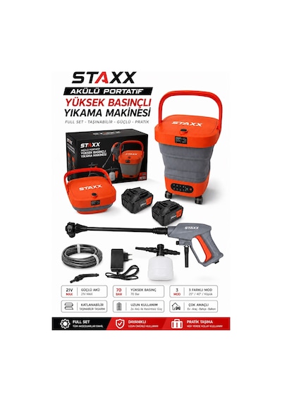 Staxx St70hr Bl Motor X2 Akülü Yüksek Basınçlı Oto Araç Bahçe Yıkama Akülü İlaçlama Tabancası Kovalı