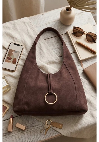 Adelina Bags Kadın Süet Salaş Omuz Çantası Fermuarlı Astarlı Geniş Model Kahve