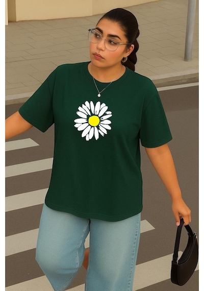 Büyük Beden Papatya Baskılı Unisex Tişört Yeşil