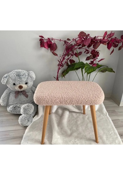 Ahşap Ayaklı Tedy Kumaş Dekoratif Puf Bench Makyaj Sandalyesi Oval Bej
