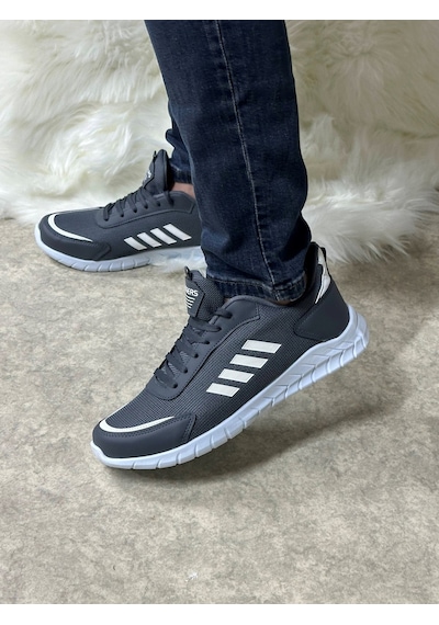 Günlük Erkek Sneaker Fileli Bağcıklı Rahat Esnek Dikiş Detaylı Yürüyüş Spor Ayakkabı 1453 Füme Beyaz