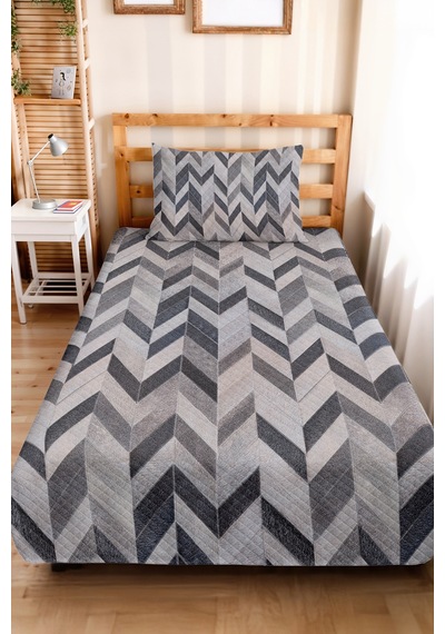 Gri Motifli Geometrik Genç Odası Tek Kişilik Pike Takımı - Antrasit Zigzag 160x220 Cm Yatak Örtüsü Kırsal Vadi Sükuneti